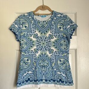 J. McLaughlin Blue Paisley Size L Nylon/Spandex short sleeve top